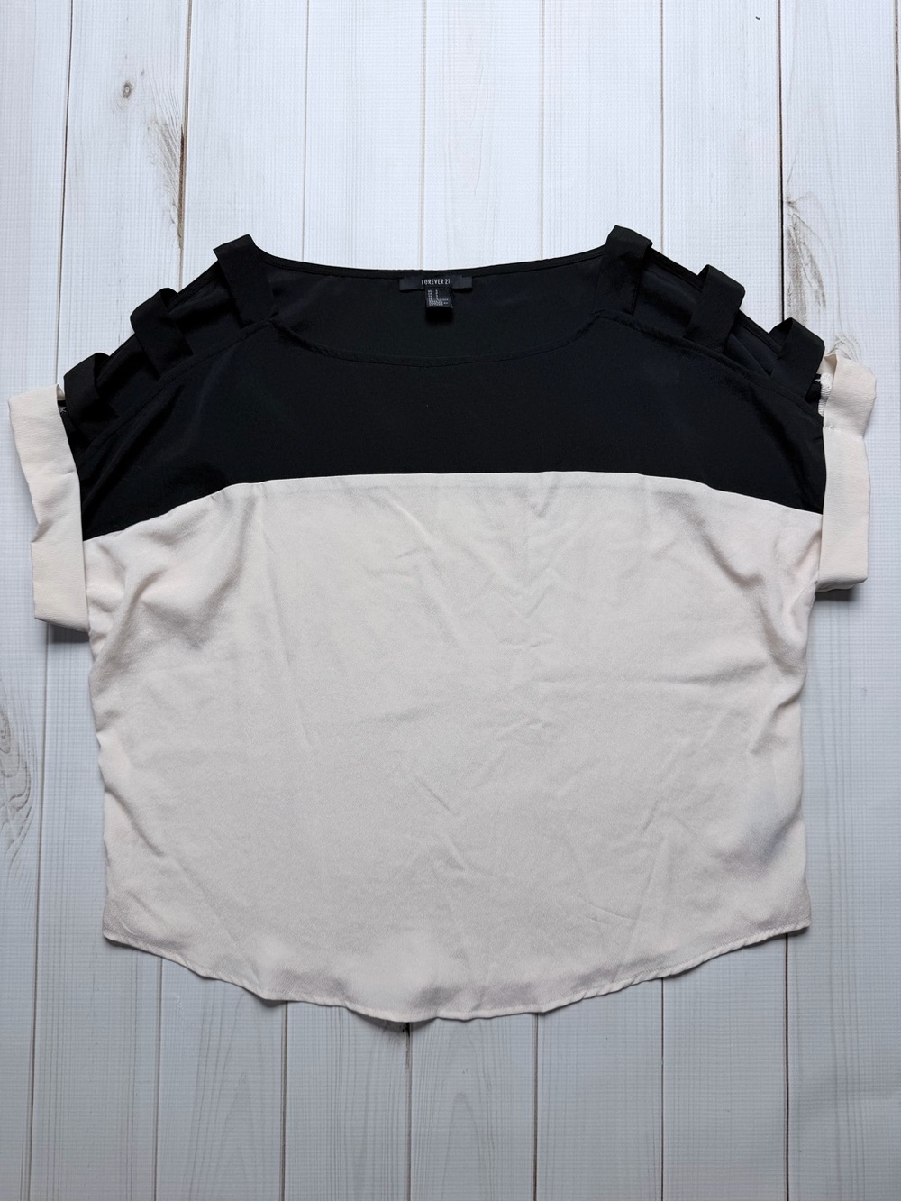 Forever 21 Black and Cream Cutout Shoulder Blouse